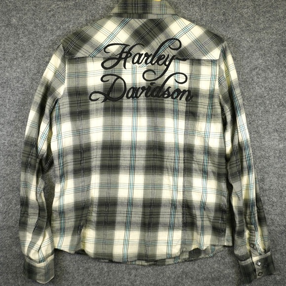 Harley Davidson Western Shirt Womens L Grey Plaid Snap Front Embroidered Back - Picture 5 of 9